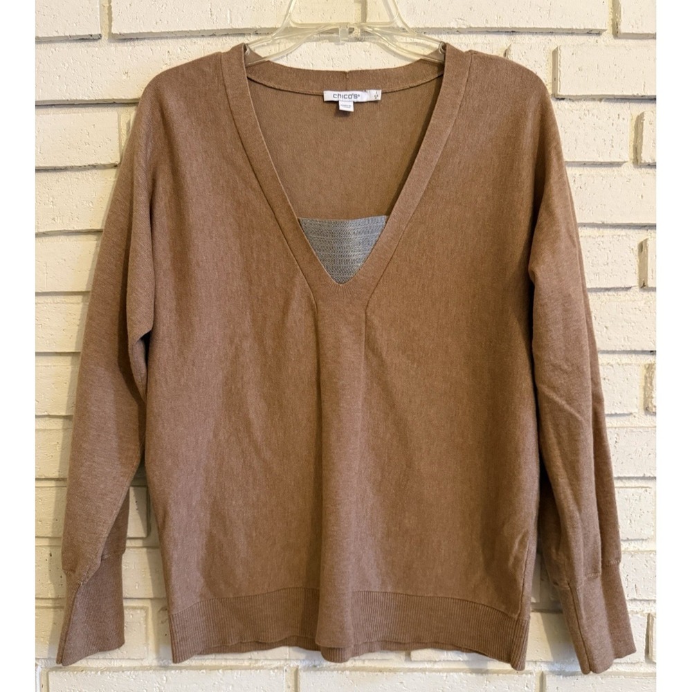 Chicos 1 Faux Chain V-neck Brown Long Sleeve Sweater Size Medium 3% Cashmere